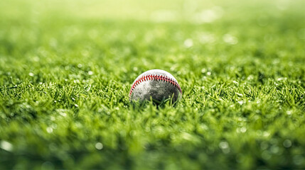 A baseball rests peacefully in the lush green grass - obrazy, fototapety, plakaty
