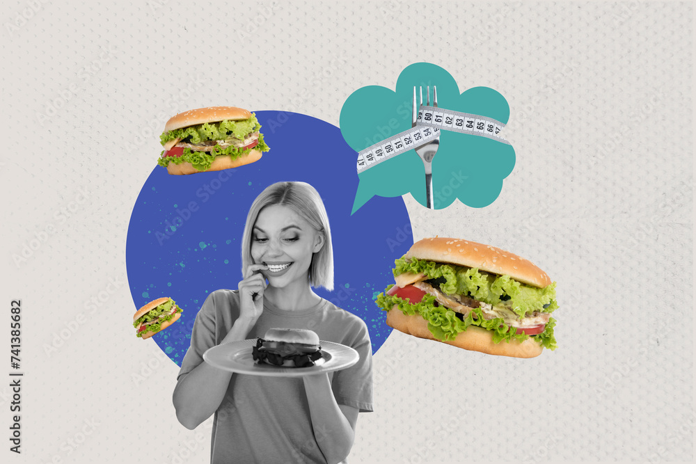 Sticker Creative photo collage picture young woman hold plate tempting hamburger junk food unhealthy nutrition ruler measure drawing background