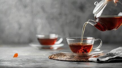 Pouring fresh and hot Rooibos tea from the teapot to a glass cup, grey background - obrazy, fototapety, plakaty