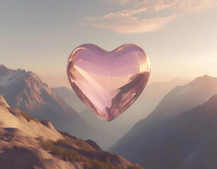 Large clear glass love heart above mountainous landscape - 741385661