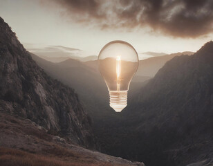 Conceptual image of light bulb over mountain, inspiration symbol - 741385671