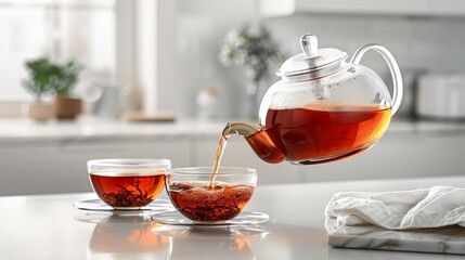 In the soft morning light of a white kitchen, fresh, hot Rooibos tea is poured from teapot to glass cup - obrazy, fototapety, plakaty