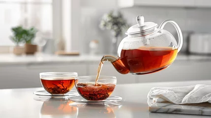 Tuinposter In the soft morning light of a white kitchen, fresh, hot Rooibos tea is poured from teapot to glass cup © Aliaksandra