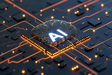 AI Brain Chip mobile app icon. Artificial Intelligence sorting algorithm mind happiness axon. Semiconductor edge computing circuit board consciousness - obrazy, fototapety, plakaty