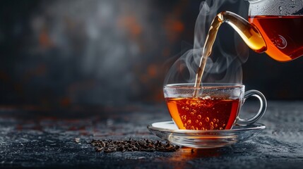 Hot Rooibos tea being poured from teapot into glass cup against dark backdrop - obrazy, fototapety, plakaty