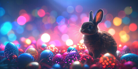 Fototapeta na wymiar Happy Easter background concept Bunny with easter eggs on meadow with flowers created with Generative AI technology 