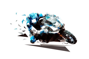 Motorbike racing, road moto racing logo, isolated low poly vector illustration. Motorcycle rider on road motorbike