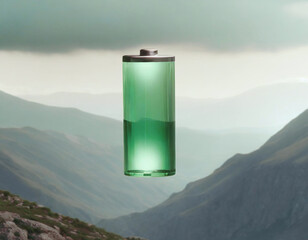 Eco-friendly energy symbolized by charged green battery in mountain scene - 741386000