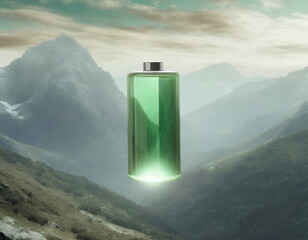 Eco-friendly energy symbolized by charged green battery in mountain scene - 741386013