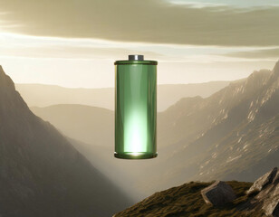 Eco-friendly energy symbolized by charged green battery in mountain scene - 741386019