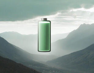 Eco-friendly energy symbolized by charged green battery in mountain scene - 741386053