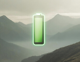 Eco-friendly energy symbolized by charged green battery in mountain scene - 741386055