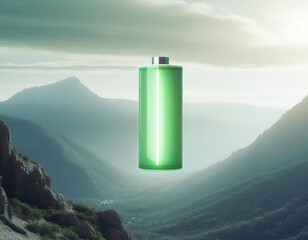 Eco-friendly energy symbolized by charged green battery in mountain scene - 741386069
