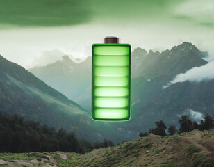 Eco-friendly energy symbolized by charged green battery in mountain scene - 741386071