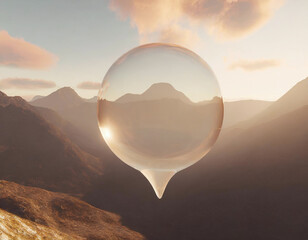 Surreal landscape with clear glass speech bubble blending into mountain view - 741386093