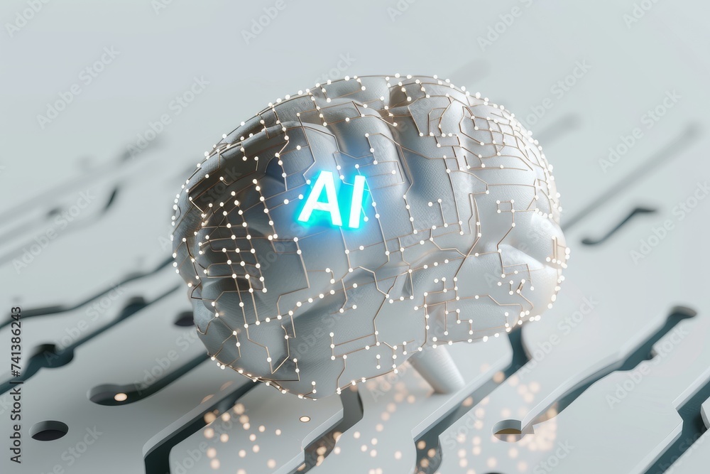 Poster ai brain chip nanotextiles. artificial intelligence icon size mind ion implantation axon. semiconduc
