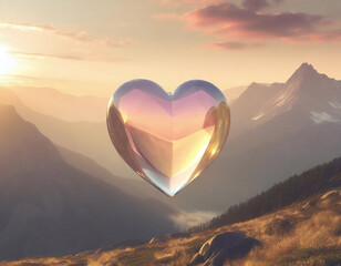 Large clear glass love heart above mountainous landscape - 741386215