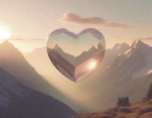 Large clear glass love heart above mountainous landscape - 741386233