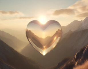 Large clear glass love heart above mountainous landscape - 741386269