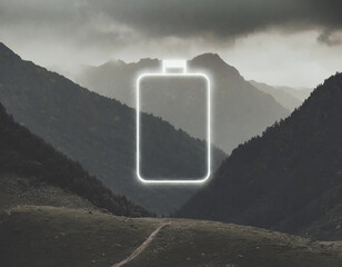 Dramatic landscape with stormy skies and glowing white battery icon - 741386487