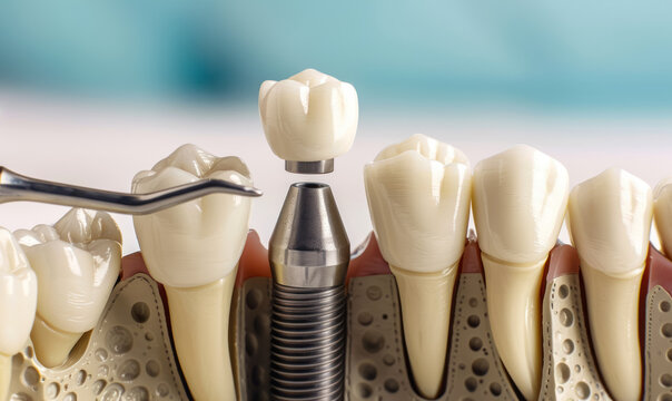 dental implant process with ceramic tooth and titanium screw in a detailed jaw model