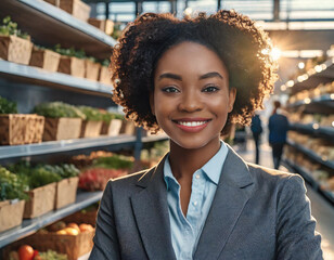 Confident smiling young businesswoman in modern grocery store - 741386818