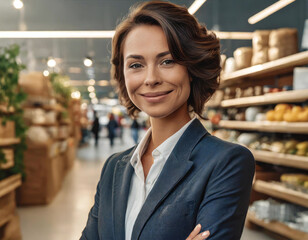 Confident smiling young businesswoman in modern grocery store - 741386859