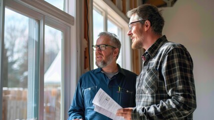 Fototapeta premium Homeowner and electrician discussing the best location for an EV charger install, smart home and technology EV car concept.