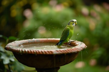 parakeet in a home gardens decorative bird bath filled by spring rain