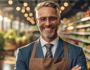 Confident smiling young businessman in modern grocery store - 741387055