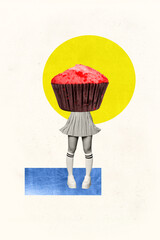 Creative collage image of muffin cake instead head young lady in mini skirt loves eating sweet...