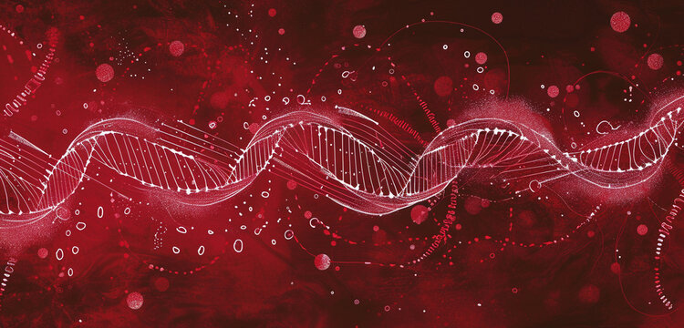 Image depicting the genetic variation introduced during meiosis, against a ruby red background, including labeled diagram