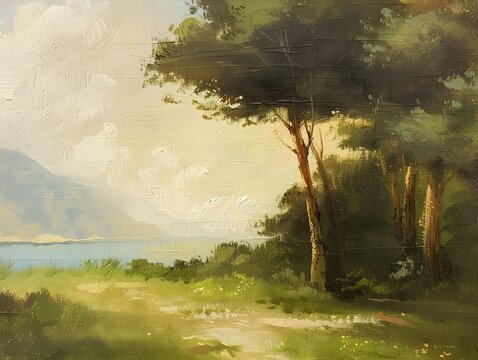 One European classical landscape oil painting, Classical style, Renaissance style, close-up, oil brush, simple, extreme detail