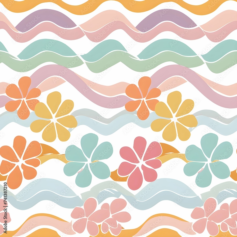 Poster pastel colors in a retro wave design that can be tiled with 60's style retro simple flowers on a white back ground. Seamless pattern
