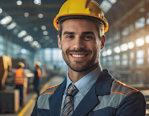 Confident smiling male engineer wearing hardhat industrial plant - 741387207