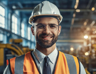 Confident smiling male engineer wearing hardhat industrial plant - 741387211