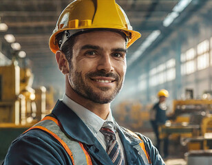Confident smiling male engineer wearing hardhat industrial plant - 741387224
