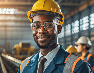 Confident smiling male engineer wearing hardhat industrial plant - 741387278