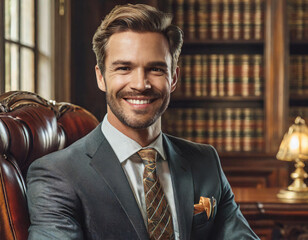 Confident businessman smiling in luxurious office - 741387427