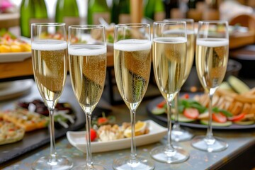 glasses of champagne on a buffet with a brunch spread