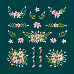 Vector pink lily bouquet and decorative object Blooming floral material for graphic design