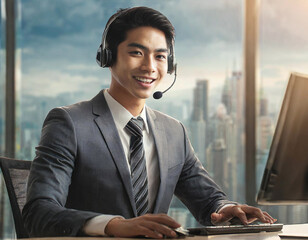 Professional male customer service representative with headset smiling in a modern office setting. - 741387605