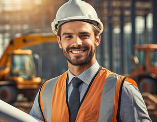Smiling male construction worker with helmet and reflective vest holding plans at a construction site. - 741387621