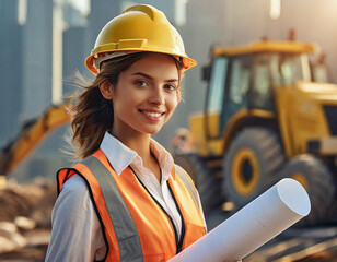 Smiling female construction worker with helmet and reflective vest at a construction site. - 741387651