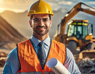 Smiling male construction worker with helmet and reflective vest holding plans at a construction site. - 741387657