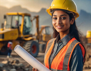 Smiling female construction worker with helmet and reflective vest at a construction site. - 741387685