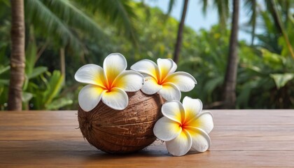 Fototapeta na wymiar Coconuts and plumeria flowers on a tropical beach