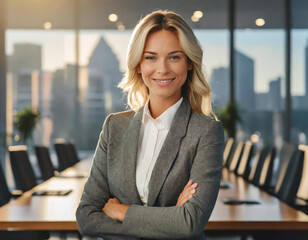 Confident businesswoman smiling in a modern office setting with cityscape background. - 741387803