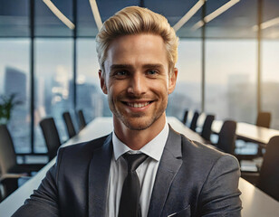 Confident businessman smiling in modern office setting with cityscape background. - 741387857