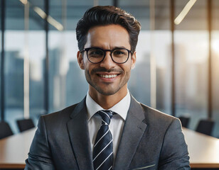 Confident businessman smiling in modern office setting with cityscape background.